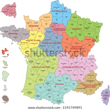 Map of France with departments and regions including departments of Overseas and enlargement of departments around Paris