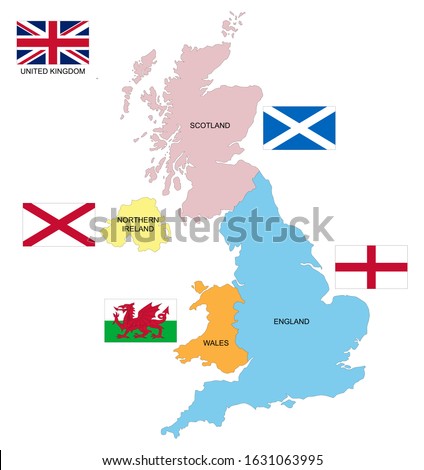 Map and flag of the United Kingdom with the 4 nations and their flags: England - Wales - Scotland - Northern Ireland