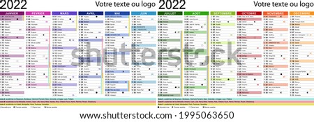 2022 French calendar with holidays, saints, school holidays and moon cycles