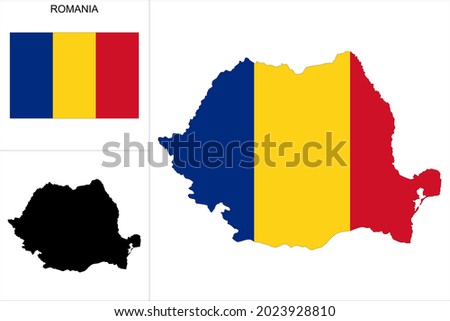 Romania map with Romanian flag background - Map as a black pattern and flag of Romania available separately