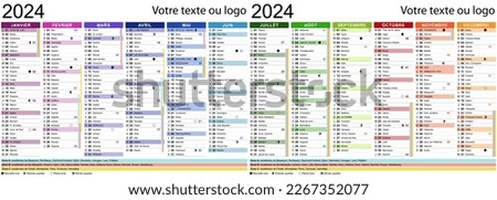 2024 French calendar with holidays, saints, school holidays and moon cycles - Texts in French