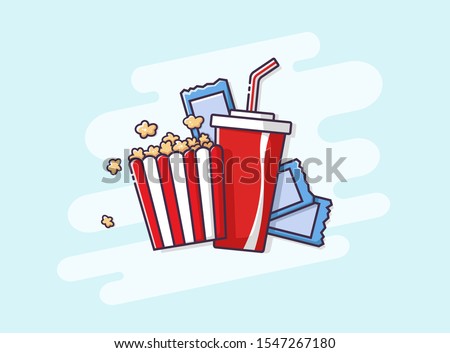 Flat drawn Coca Cola and popcorn set for going to the movies