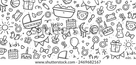 Hand drawn horizontal background of baby objects and elements. Simple wallpaper template design. Vector illustration.