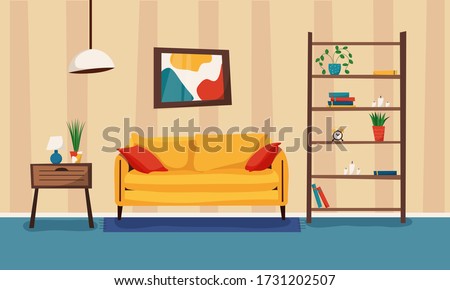 Cartoon living room with furniture and plants. Cozy interior with sofa, bookcase and nightstand. Flat style vector illustration.