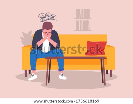 A lonely man sitting on a couch in the office of a psychoanalyst. Young depressed male character holding his head. Cloud of sad thoughts. Flat vector illustration. Stock foto © 