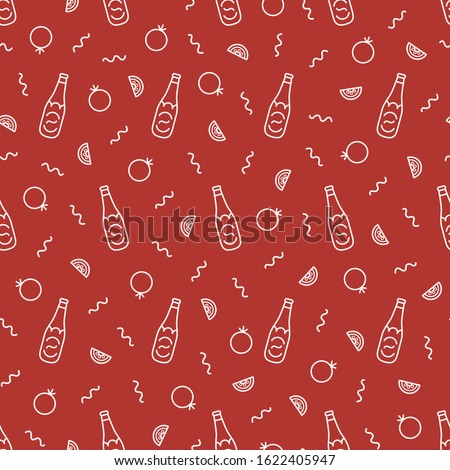 Seamless vector pattern with stylized ketchup bottles, tomatoes, and Neo-Memphis style abstract elements on a red background. Quirky, modern food illustration for packaging, stationery, fabric, gifts.