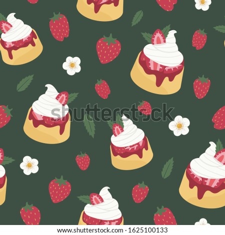 Seamless vector pattern with strawberry shortcake, mint leaves, strawberries, and strawberry flowers on a dark green background. Elegant food illustration for fabric, packaging, gifts, stationery.