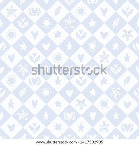 Seamless vector pattern with a diamond checkerboard filled with borage flowers, leaves, stars, and winged hearts in cloud blue on a light background. Playful design for kids decor and clothing.