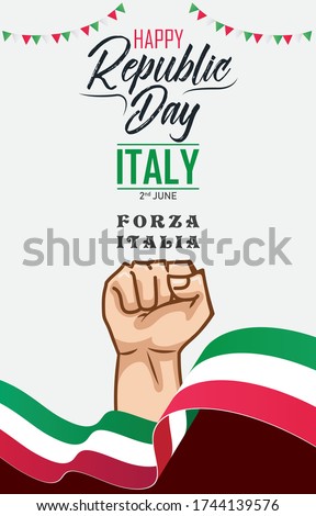 Happy Republic Day Italy vector art. 2nd June Republic Day vector art with raised up hand. Forza Italia with Powerful fist hand symbol.