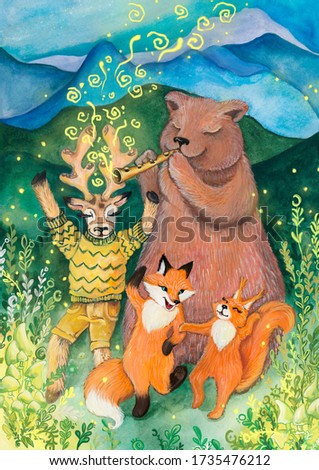 watercolor illustration of a cute deer in a sweater, squirrels and foxes dancing in the mountains while a bear plays a tune on a pipe