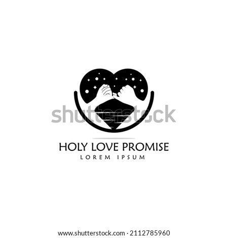 logo Hands hook each other's little finger on heart, typography heart and hand logo design, holy love promise logo, special for world valentine day, relationship, icon vector template black and white