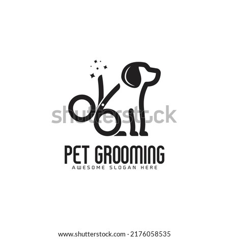 creative simple scissor with dog logo design, pet grooming logo concept in linear style modern vector template icon