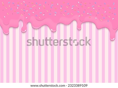 Bakery background. Pink dripping liquid or strawberry topping and colorful sprinkles on striped background with copy space.