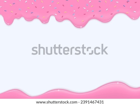 Bakery background. Pink liquid with multicolor sugar sprinkles dripping on a white background.  Vector illustration.