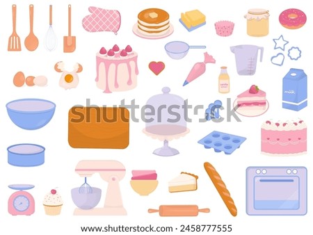 A set of baking utensils, bakery ingredients, and cake design elements on a white background.