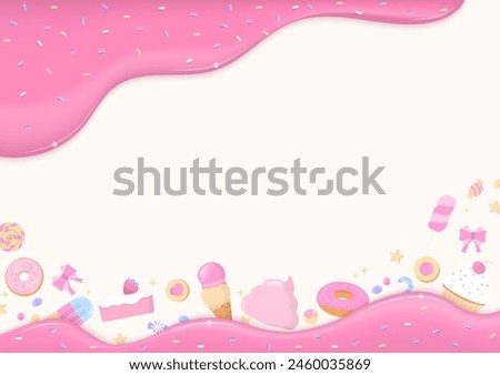 Bakery background. Cake, doughnut, ice cream, and candy with pink liquid and sugar sprinkles on a cream background.