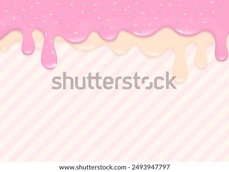 Bakery background. Pink and cream liquid drop on a striped background with multicolor sugar sprinkles.