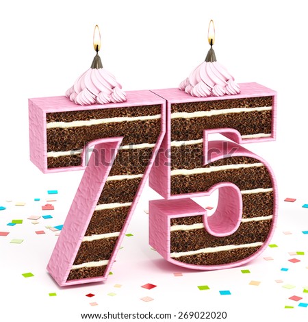 Number 75 shaped chocolate birthday cake with lit candle isolated on white background.