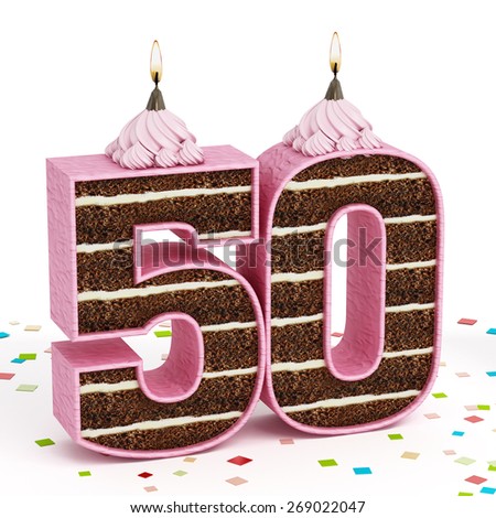 Number 50 shaped chocolate birthday cake with lit candle isolated on white background.