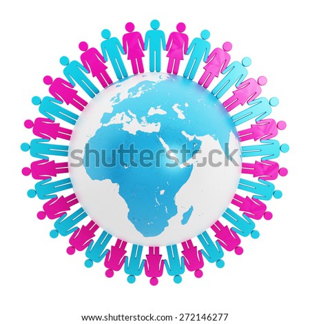 People holding hands around the Earth isolated on white background.