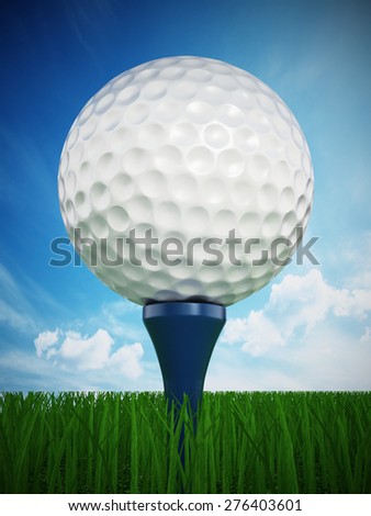 Golf ball standing on golf tee against blue sky