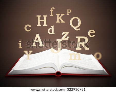 Open book with letters in the air on blue background