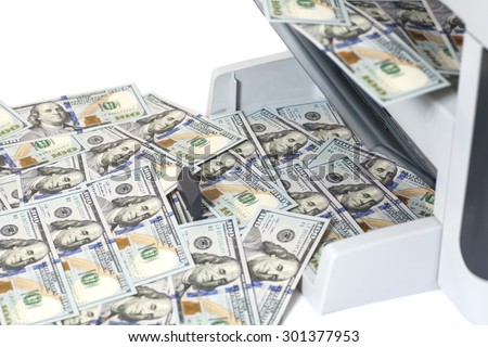 Printer printing fake dollar bills isolated on white background