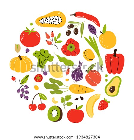 A set of products in a circle, healthy food. Fruits, vegetables and nuts. Cartoon flat vector illustration isolated on white background.