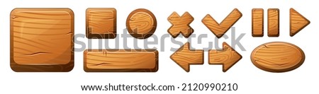 Wooden buttons for user interface design in game, video player or website. Vector cartoon