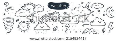 set of weather drawings. cute kawaii clouds, sun, moon hand drawn in doodle style
