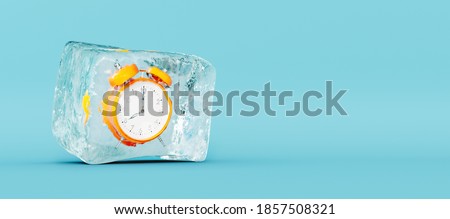 Frozen orange clock, stopping the time concept on blue background 3D Rendering, 3D Illustration