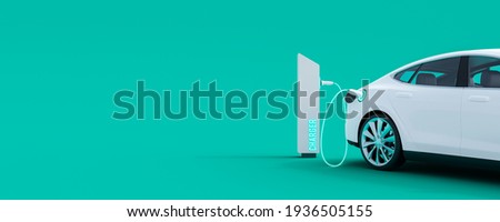 White electric car connected to power station charger on green background 3D Rendering, 3D Illustration Stockfoto © 
