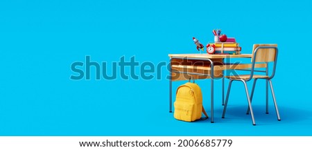 School desk with school accessory and yellow backpack on blue background 3D Rendering, 3D Illustration ストックフォト © 