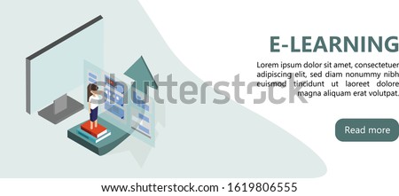 e-learning isometric Web Banner. LMS concept.