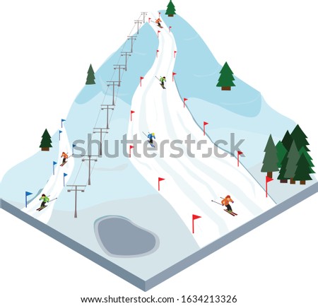 Isometric ski slopes and mountains in winter resort with ski trails on the hill. Winter activities. Vector illustration.