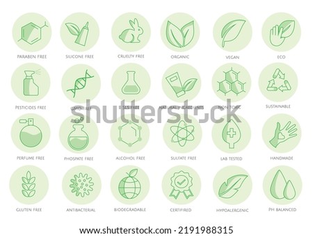 Set of Modern and Trendy 24 Natural Organic Skincare Product Icons (SLS Free, Natural, Eco, Gmo, Gluten, Parfume), suitable for digital design or packaging print.