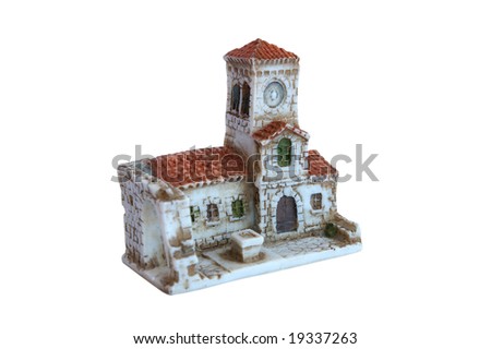 Small ceramic church with bevel bell tower (isolated)