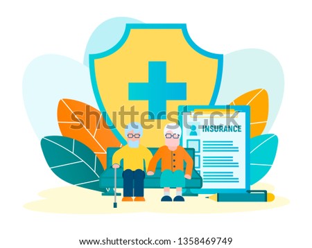The concept of health insurance for pensioners, filling out the form of the insurance contract, a yellow shield with a green cross as a symbol of protection and security. Vector illustration