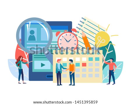 Recruiting concept vector illustration. Office staff selects employees, conducts interviews, assigns interview dates, filling out questionnaires online for employment. hr-management