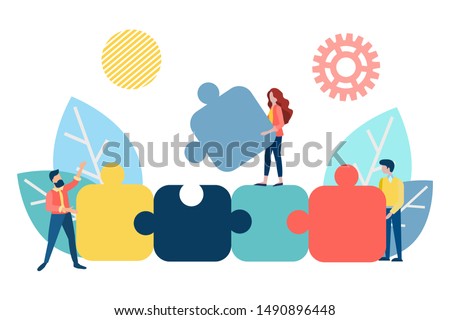 Teamwork concept vector illustration. Employees assemble a puzzle symbolizing parts of an effective workflow.