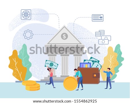 Tiny people put bills, coins, and credit cards in their wallets. Concept Bank savings, money circulation, preservation and multiplication of money by means of Bank deposits. Vector illustration.