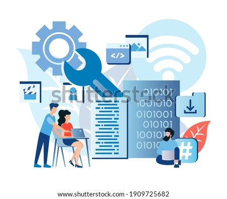 Programming skills, data center services, data storage, global network connections, programming education, software customization, help from programmers and web developers illustration