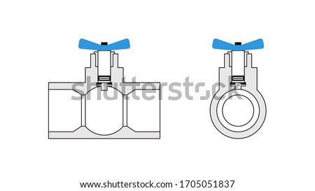 Ball valve device. Side and front view. Drawing. Crane inside. How does a water tap work. Shut off valves. Scheme Vector