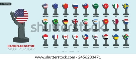 Most Popular World Flags Vector Illustration Design. Rounded Flag on Hand Statue