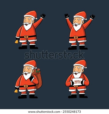 Set of cute funny Santa Claus characters with gift in different poses, emotions, holiday situations isolated on dark background. Christmas holiday vector