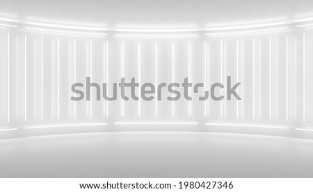 White minimalistic abstract 3d background. Neon light from lamps on the walls of the circular stage. 3d illustration.
