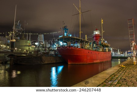Red ship in the harbor at night. Gothenbur, Sweden