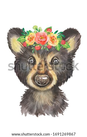 Watercolor drawing of a little teddy bear, floral decoration, wreath, wild, forest animal