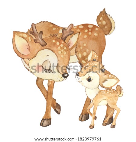 Watercolor illustration mom deer and baby deer, childrens print, forest animals. Deer and his mother, bambi deer, baby shower, children's card for congratulations