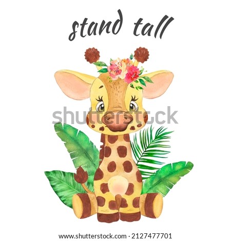 Cute Little Giraffe in the Bush, Giraffe Baby African Animal, Kids Room Watercolor Painting, Nursery Wall Art, Cute Animal Nursery Art 